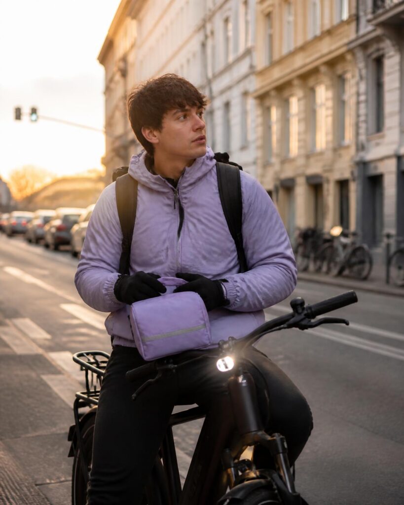 Kurier mit diskreter Apothekentasche auf dem E-Bike in Hamburg